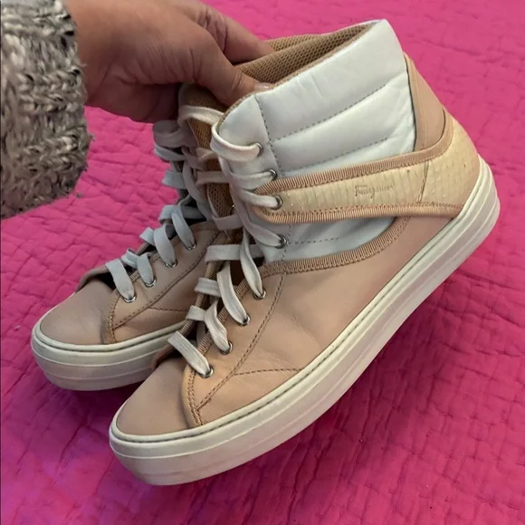 Salvatore Ferragamo Cream and Tan High-Top leather /snakeskin Sneakers, US7,5